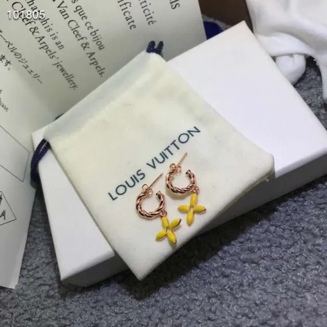 Louis Vuitton Flower Motif Yellow Gold Twisted Hoop Enamel Pendant Earrings 2