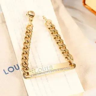 Louis Vuitton Gold Silver Curb Chain Engraved Bar Bracelet