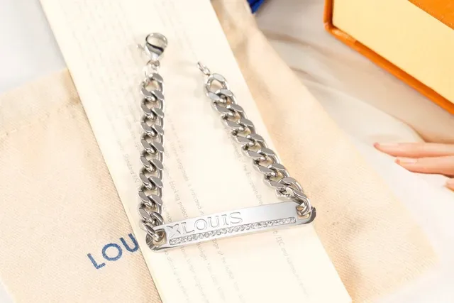 Louis Vuitton Gold Silver Curb Chain Engraved Bar Bracelet 3
