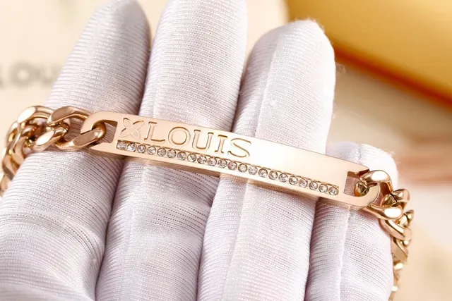Louis Vuitton Gold Silver Curb Chain Engraved Bar Bracelet 5
