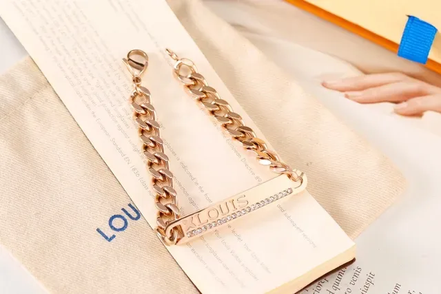 Louis Vuitton Gold Silver Curb Chain Engraved Bar Bracelet 6