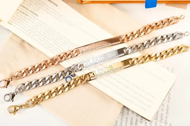 Louis Vuitton Gold Silver Curb Chain Engraved Bar Bracelet 7