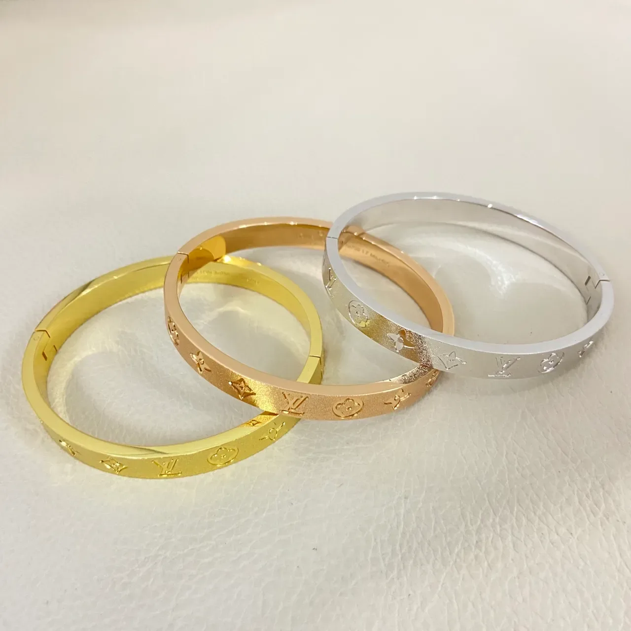 Louis Vuitton Gold Silver Embossed Monogram Rigid Bangle Bracelet 2