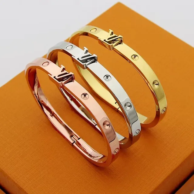 Louis Vuitton Gold Silver Hinged Bangle Monogram Clasp Bracelet 5