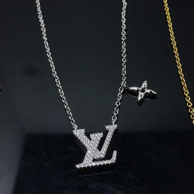 Louis Vuitton Gold Silver Pavé-Crystal Monogram Pendant Four-Petal Floral Charm Necklace 4