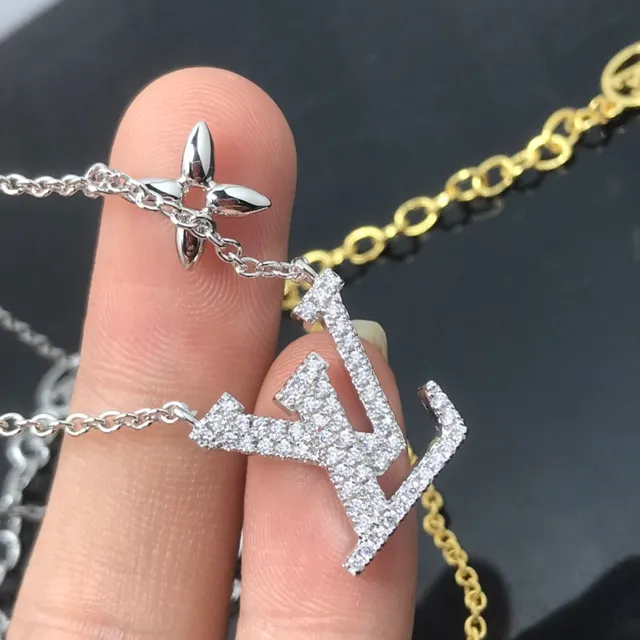 Louis Vuitton Gold Silver Pavé-Crystal Monogram Pendant Four-Petal Floral Charm Necklace 5