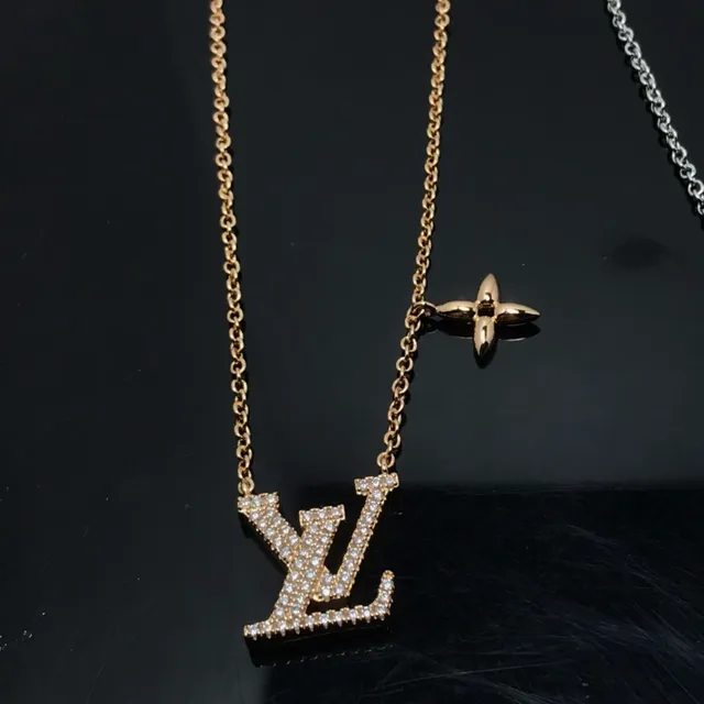 Louis Vuitton Gold Silver Pavé-Crystal Monogram Pendant Four-Petal Floral Charm Necklace 9