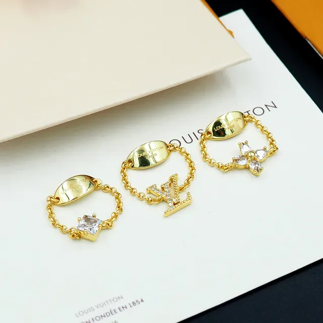 Louis Vuitton Gold-Tone Chain-Link Crystal Motif Rings 3