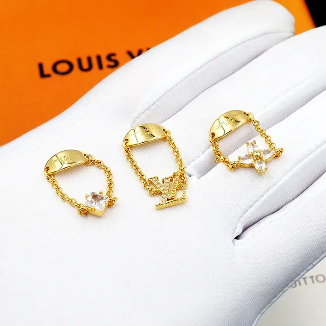 Louis Vuitton Gold-Tone Chain-Link Crystal Motif Rings 6