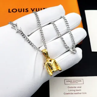 Louis Vuitton Gold-Tone Jacket Pendant and LV Charm Curb Chain Necklace
