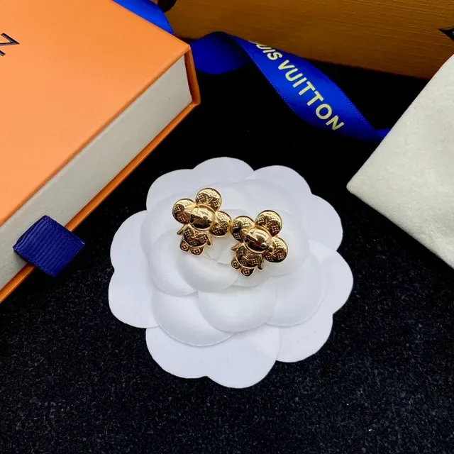 Louis Vuitton Gold White Metallic Monogram-Engraved Earrings 2