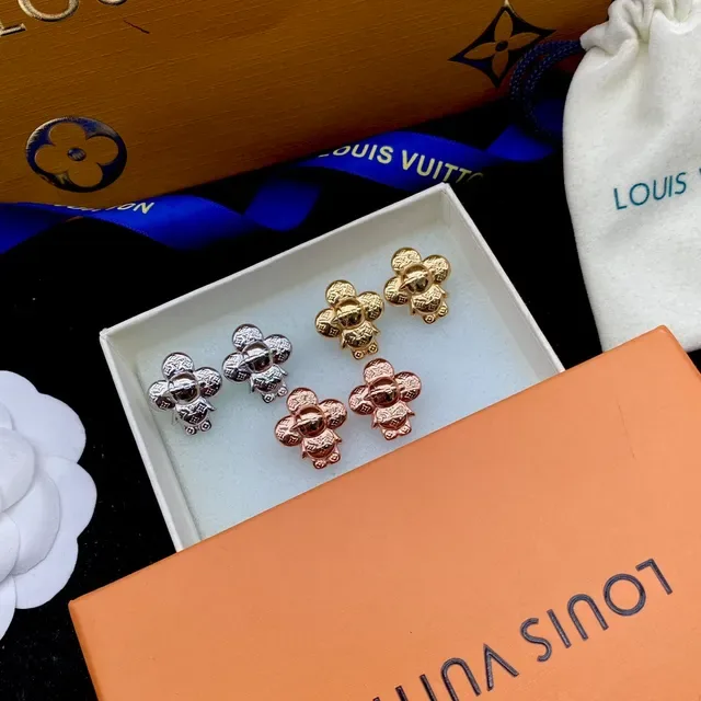 Louis Vuitton Gold White Metallic Monogram-Engraved Earrings 4