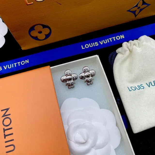 Louis Vuitton Gold White Metallic Monogram-Engraved Earrings 5