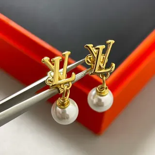 Louis Vuitton Gold White Monogram Dangling Pearl Drop Earrings