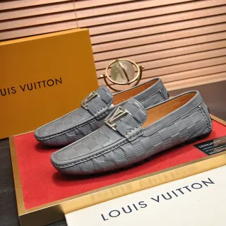 路易威登 灰米色 格纹 Damier 皮革 双 LV 搭扣 乐福鞋
