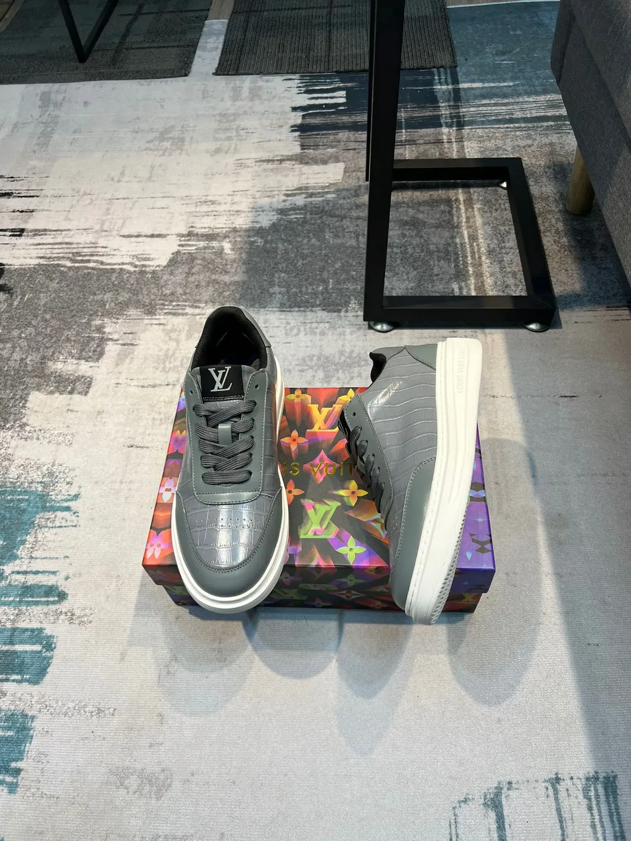 Louis Vuitton Gray White Crocodile-Embossed Leather Low-Top Lace-Up Lifestyle Sneakers 4