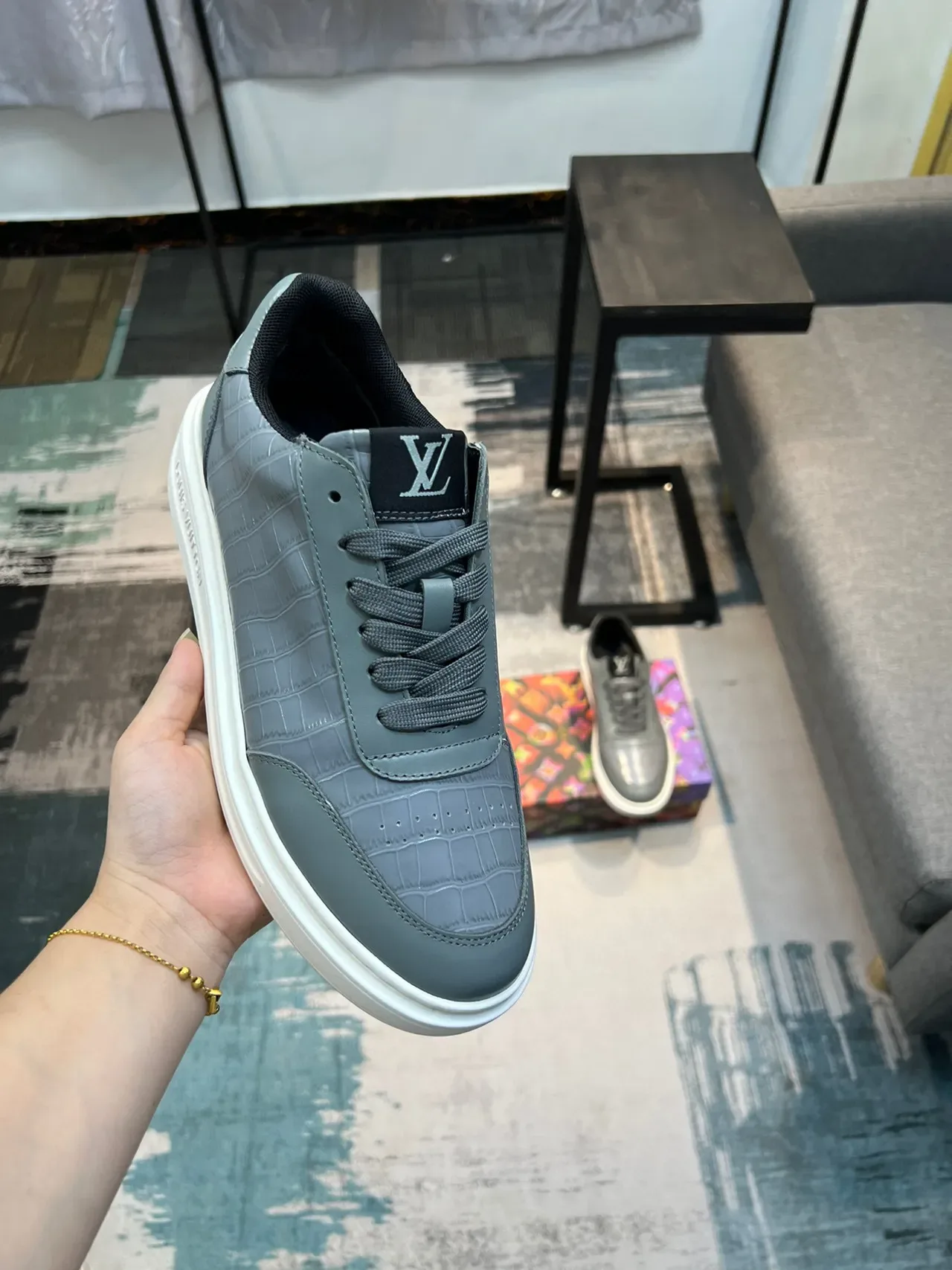 Louis Vuitton Gray White Crocodile-Embossed Leather Low-Top Lace-Up Lifestyle Sneakers 6