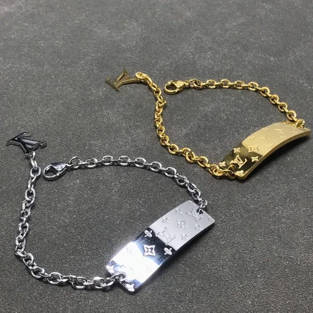 Louis Vuitton ID Tag Gold Silver Monogram-Engraved Rectangular Plate Bracelet 1