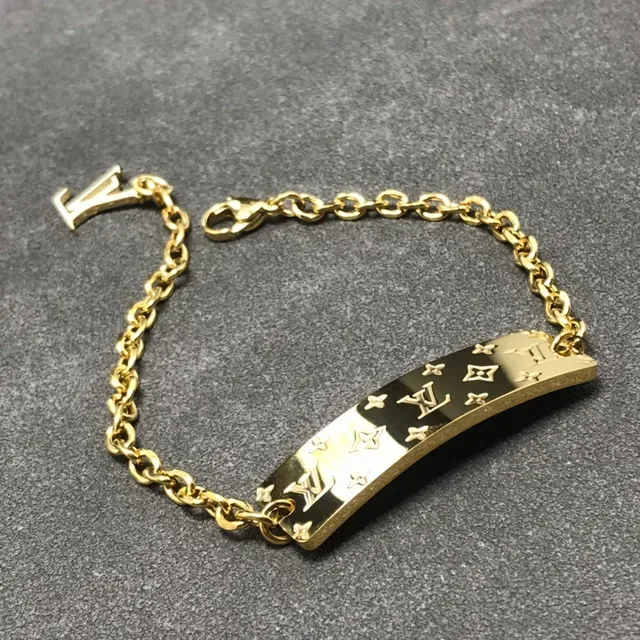 Louis Vuitton ID Tag Gold Silver Monogram-Engraved Rectangular Plate Bracelet 3