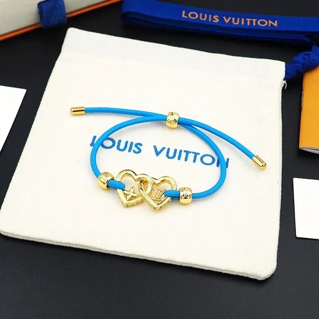 Louis Vuitton Interlocking Hearts Gold-Tone Blue Cord Bracelet 4
