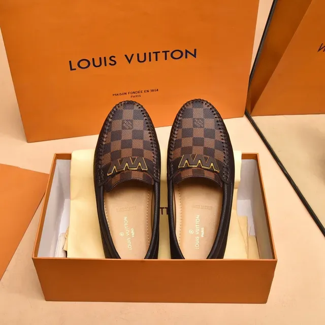 Louis Vuitton Loafer Brown Black Damier Canvas Gold-Tone Monogram Plaque Loafer 9