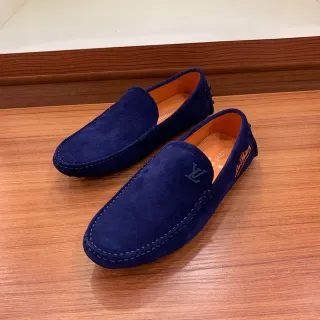 Louis Vuitton Mocassim Camurça Parte Superior Marinho Laranja Moc-Toe Costura Mocassim