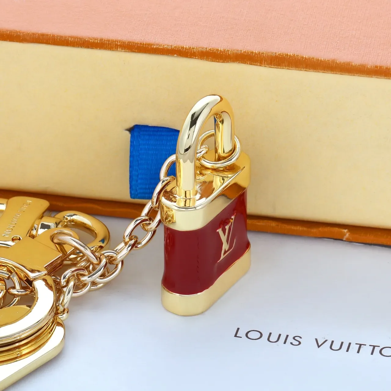 Louis Vuitton Lock & Key Red Enamel Gold-Tone Charm Bracelet 6