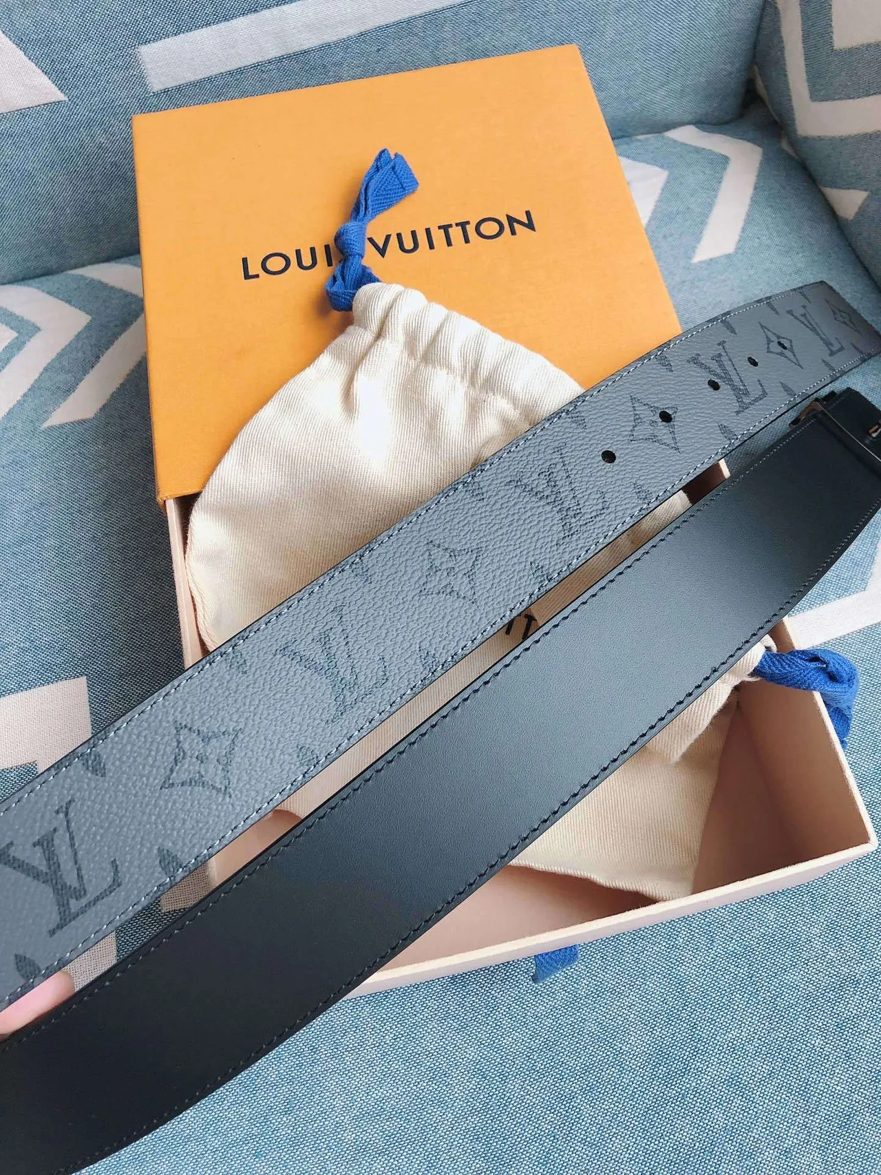 Louis Vuitton LV Belt Gray Monogram Leather Belt 6