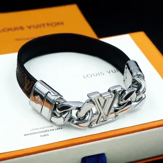 Louis Vuitton LV Chain Black Monogram Leather and Silver-Tone Bracelet