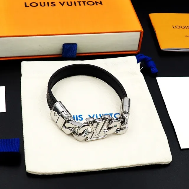 Louis Vuitton LV Chain Black Monogram Leather and Silver-Tone Bracelet 2