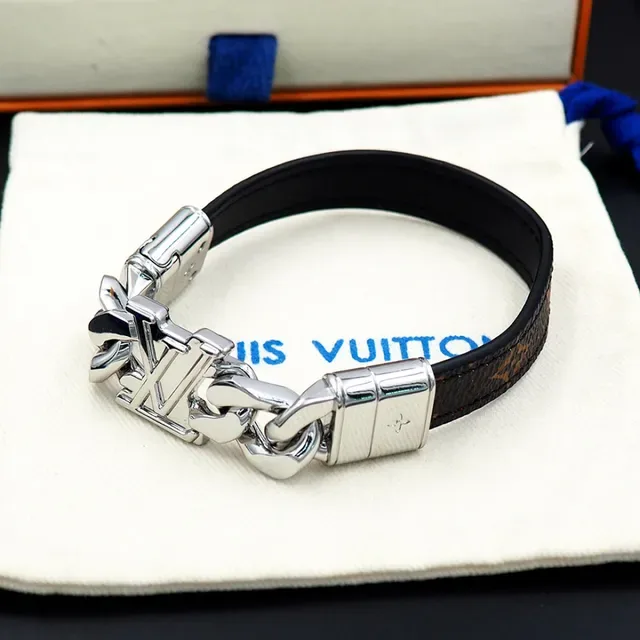 Louis Vuitton LV Chain Black Monogram Leather and Silver-Tone Bracelet 5