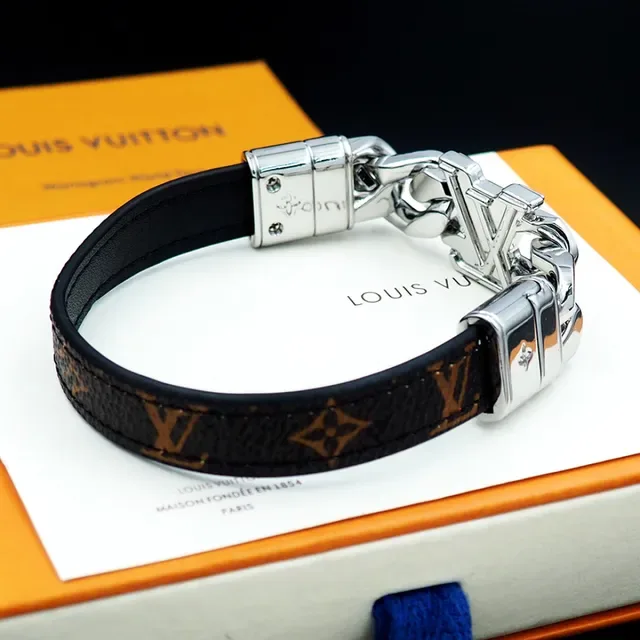 Louis Vuitton LV Chain Black Monogram Leather and Silver-Tone Bracelet 6