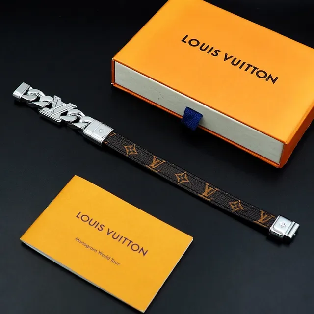 Louis Vuitton LV Chain Black Monogram Leather and Silver-Tone Bracelet 8
