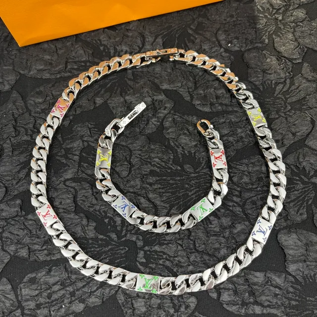 Louis Vuitton LV Chain Silver Multicolor Curb Enamel Monogram Necklace 1