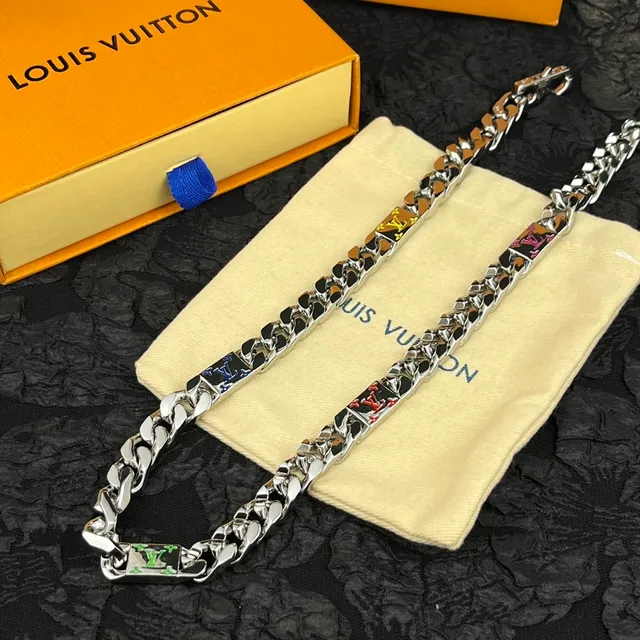 Louis Vuitton LV Chain Silver Multicolor Curb Enamel Monogram Necklace 4
