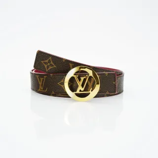 Louis Vuitton LV Circle Buckle Belt Brown Red Monogram Canvas Gold-Tone Circular Leather Belt