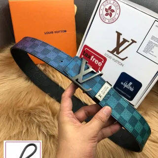 Louis Vuitton LV Initiales Belt Blue Black Reversible Woven Check Pattern Metal Buckle Leather Belt