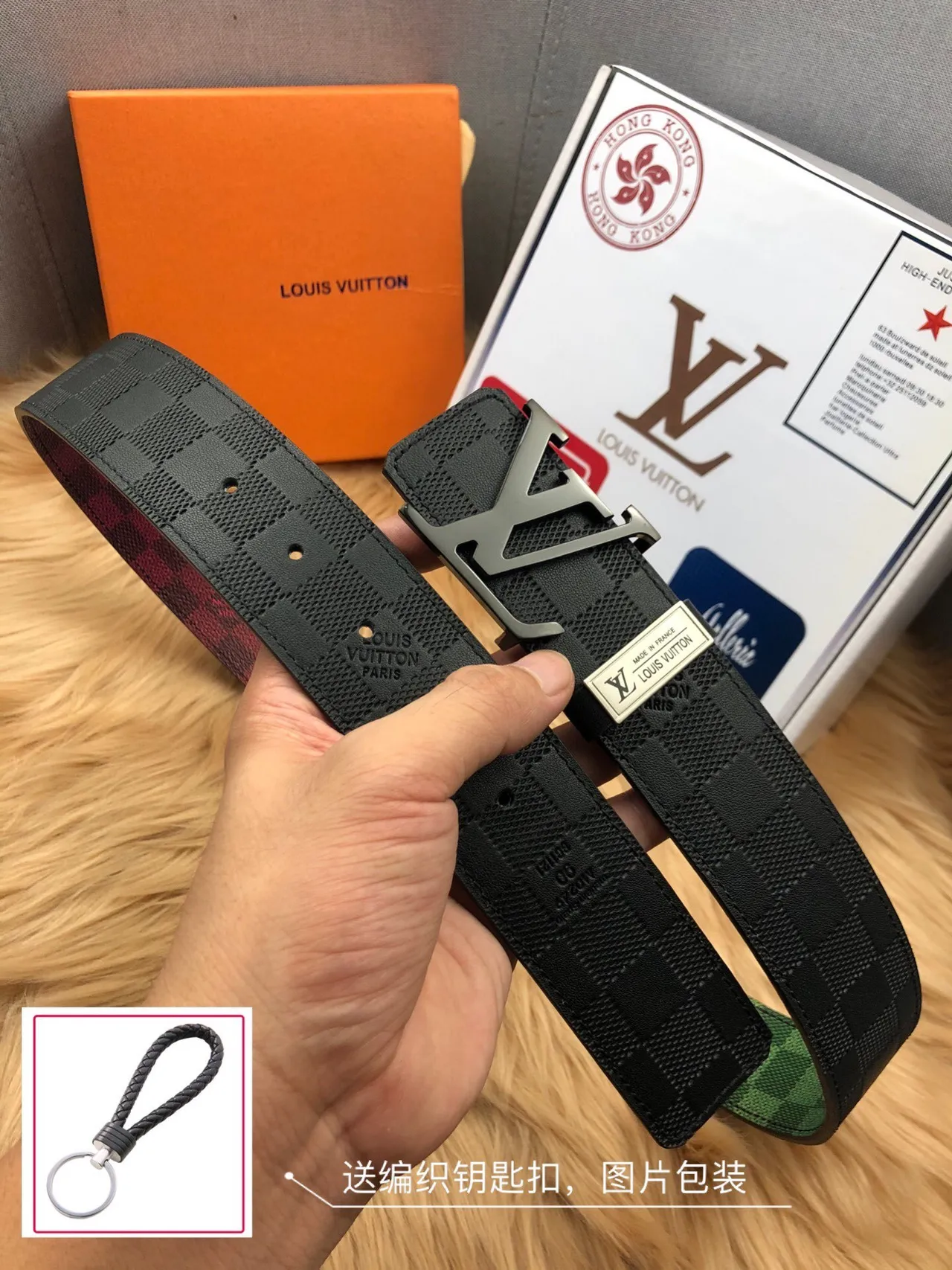 Louis Vuitton LV Initiales Belt Blue Black Reversible Woven Check Pattern Metal Buckle Leather Belt 7