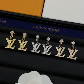 Louis Vuitton LV Monogram Crystal Gold Silver Pendant Dangling Stud Earrings