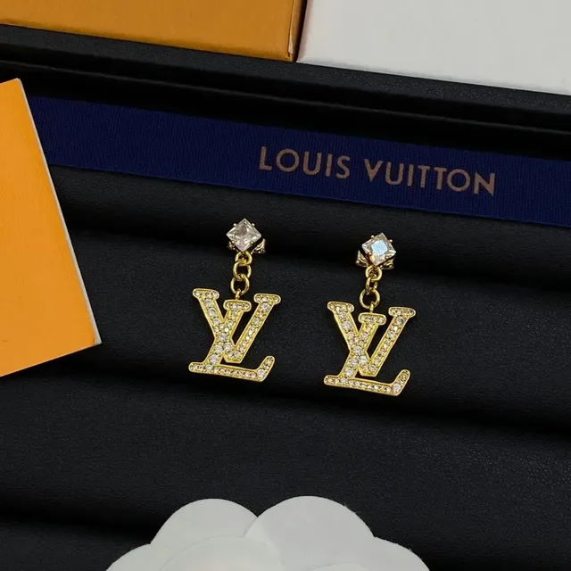 Louis Vuitton LV Monogram Crystal Gold Silver Pendant Dangling Stud Earrings 5