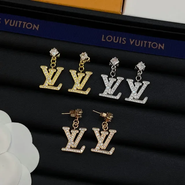 Louis Vuitton LV Monogram Crystal Gold Silver Pendant Dangling Stud Earrings 6