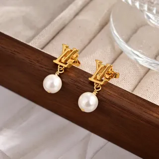 Louis Vuitton LV Perla Oro Blanco Monogram Stud Pendientes colgantes