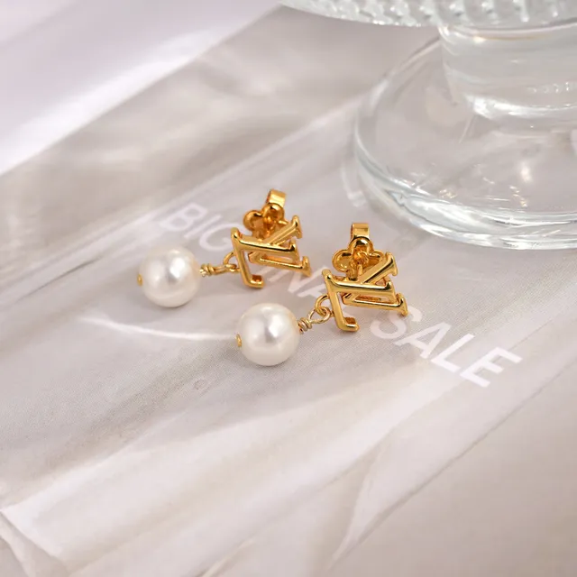 Louis Vuitton LV Pearl Gold White Monogram Stud Dangling Earrings 3