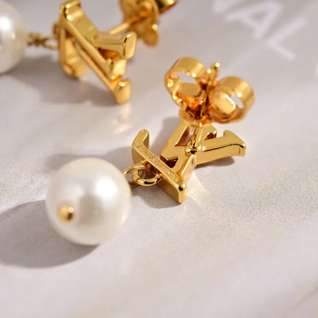 Louis Vuitton LV Pearl Gold White Monogram Stud Dangling Earrings 4