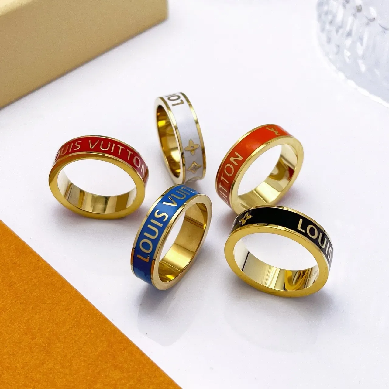 Louis Vuitton LV Ring Gold Multicolor Enameled Band Metal Ring 6