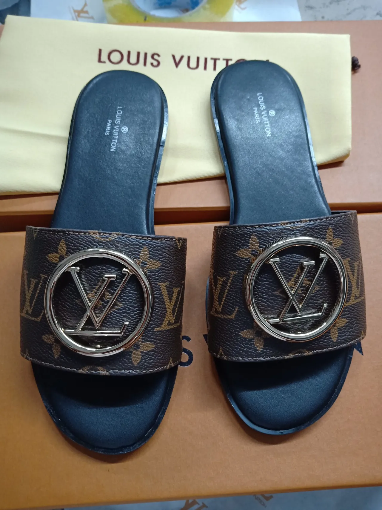 Louis Vuitton LV Slide Monogram Canvas Gold Buckle Slipper 2
