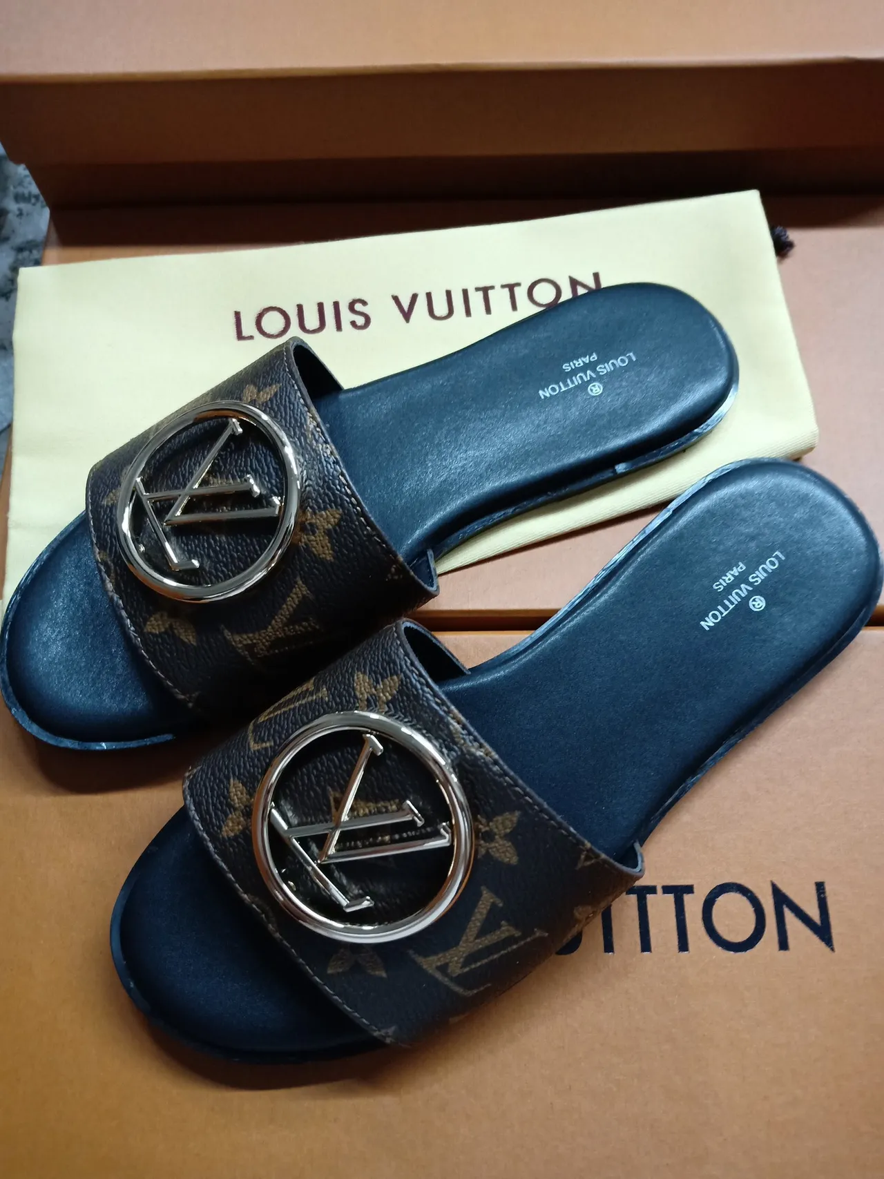 Louis Vuitton LV Slide Monogram Canvas Gold Buckle Slipper 3