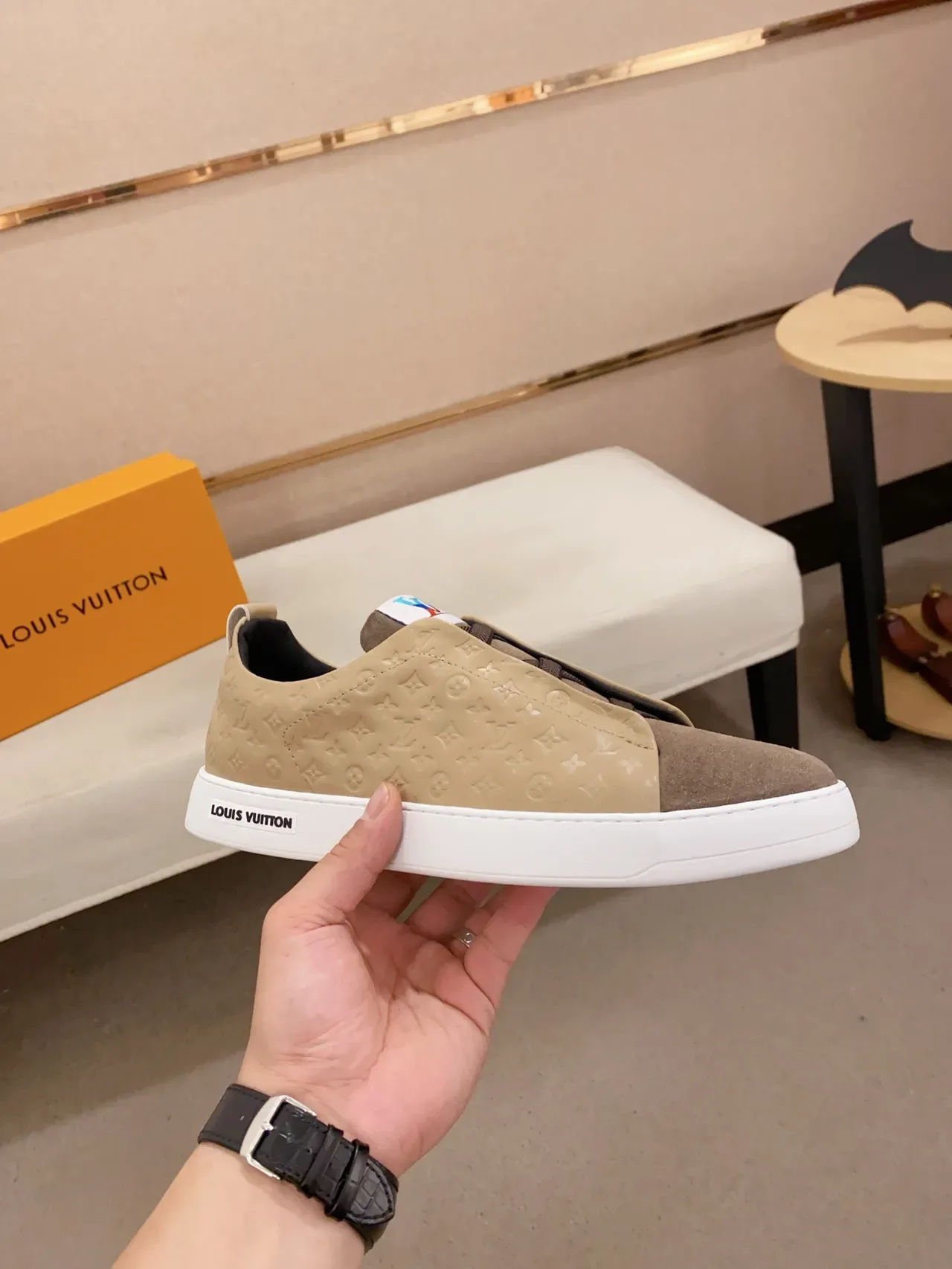 Louis Vuitton LV Trainer Beige Brown Slip-On Monogram-Embossed Lifestyle Sneakers 4