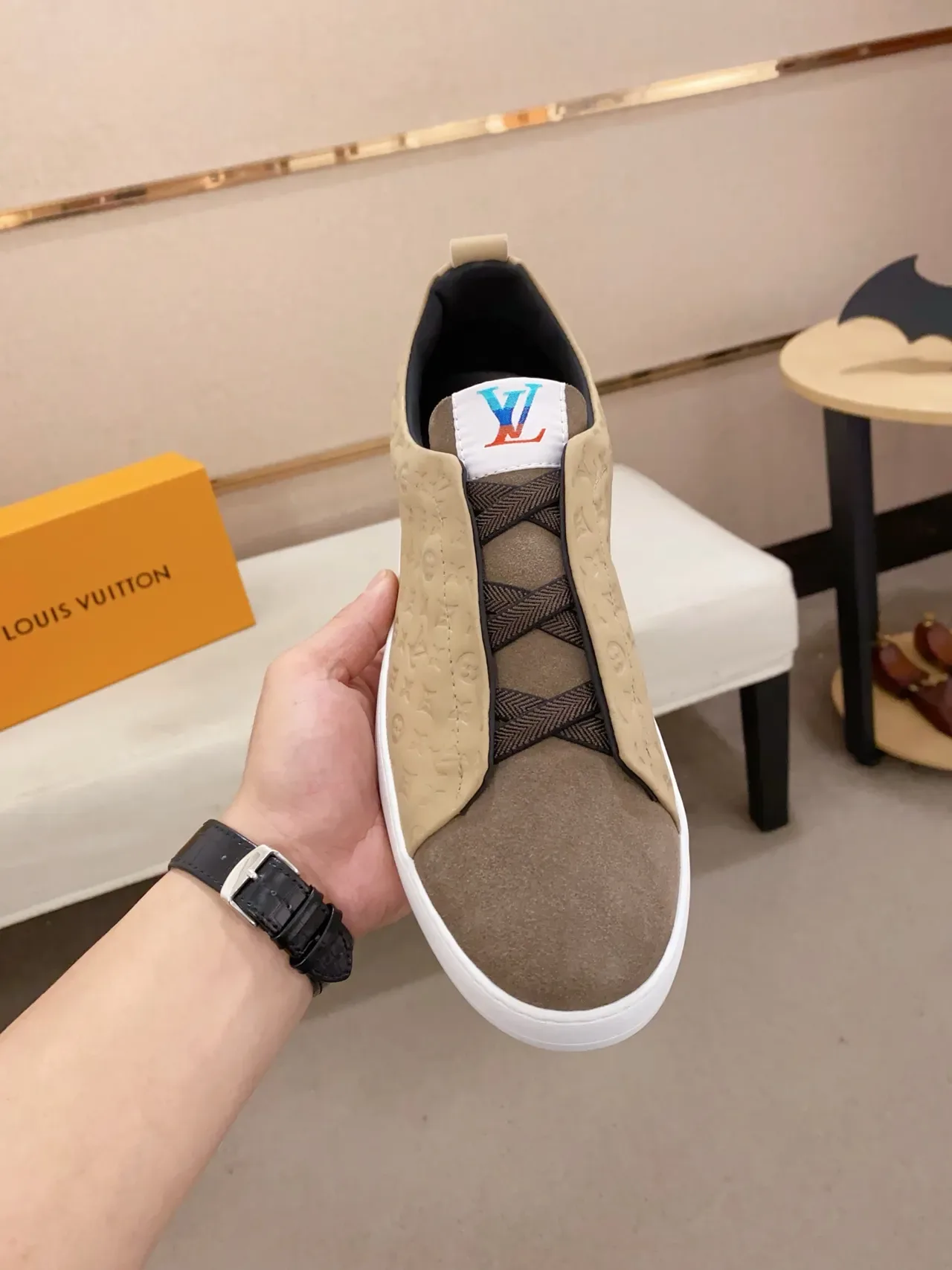 Louis Vuitton LV Trainer Beige Brown Slip-On Monogram-Embossed Lifestyle Sneakers 5