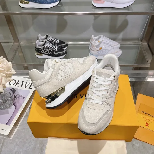 Louis Vuitton LV Trainer Beige Gold Textured Textile Upper Sculpted White Midsole Lifestyle Sneakers 4